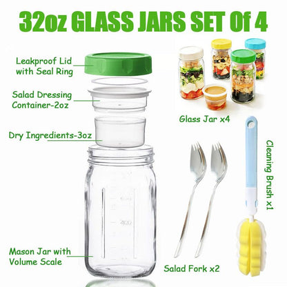 Glass Salad Jars 32oz 4-Pack with Dressing Cup | Leakproof, wet/dry separation, airtight mason jars, meal prep containers, portable lunch container, office travel
