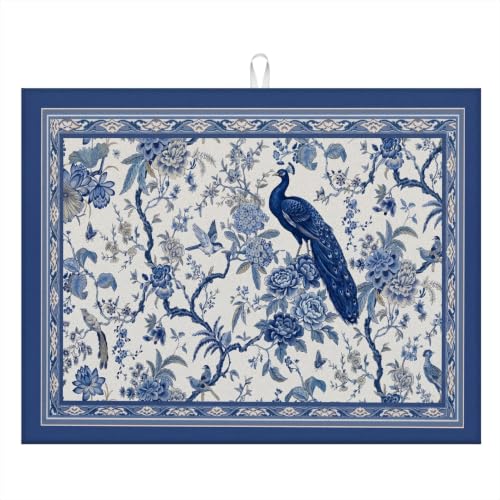 Absorbent Kitchen Dish Drying Mat Quick Dry Heat Resistant Hide Stain for Glasses Coffee Espresso Machines Pots Pans and Dish Racks,18" x 24" Chinoiserie Peacock Blue Pattern - color: Chinoiserie Peacock Blue
