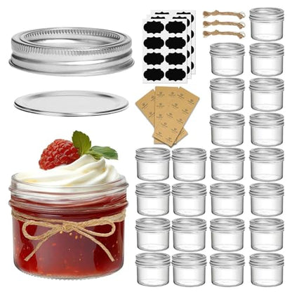 ComSaf 4 oz Mason Jars Bulk Set, 24 Pack Regular Mouth Jars with Lids | BPA-Free Materials, Spice Rack, Small Jam, Honey Samples, Wedding Favors, DIY Candles, Labels and Twine - size: 4oz*24 regular mouth