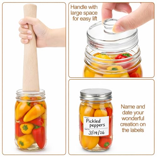 Jucoan 6 Pack Glass Fermentation Weights with Easy Grip Handle for Wide Mouth Mason Jars and 1 Pcs Beech Wood Vegetable Tamper Sauerkraut Pounder, Fermentation Pickle Kit, Sauerkraut Making Kit - size: 7 Pack