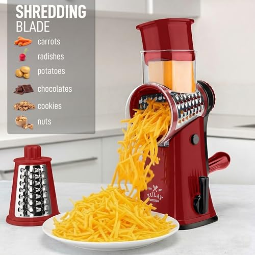 Zulay Kitchen Rotary Cheese Grater 5 Blade Cheese Shredder - Manual Hand Crank Cheese Grater With Reinforced Suction & 5 Interchangeable Drums - Easy to Use, Vegetable Chopper Round Mandoline Slicer - color: Maroon
