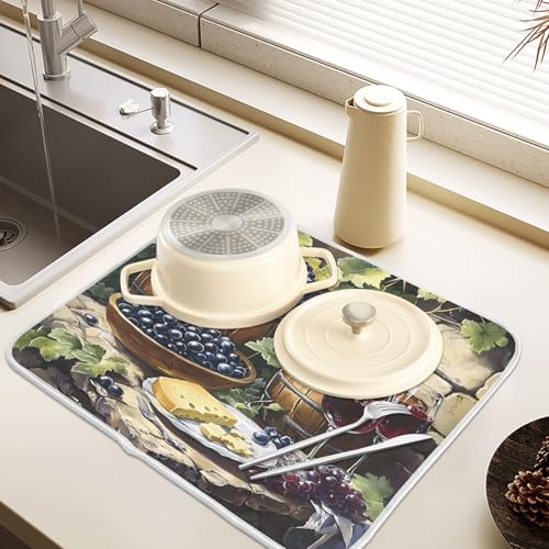 Red Wine Bottles Grapes Cheese Dish Drying Mats for Kitchen Counter, 18x24 inch Drying Dishes Absorbent Microfiber Dish Drainer Mat Rack Pad Fast Dry - size: 18x24in