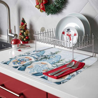 Blue Gnomes Christmas Dish Drying Mat for Kitchen Counter, Microfiber Dishes Drainer Mat Rack Pad, Xmas Tree Snowflake Gifts Absorbent Dish Bottle Drying Mats, 16''x18'', 2 Pack - size: 2PCS-16x18in
