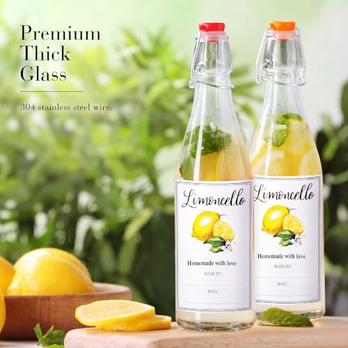 Maxcheck 6 Pack 16 oz Glass Limoncello Bottles with Lemon Labels Stickers and Swing Top Lids, 500ml Empty Clear Lemoncello Bottles with Funnel Brush Spacer for Limoncello Gift Giving