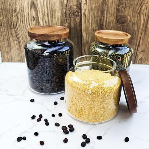 1PC Glass Storage Jars with Airtight Lids, 64 fl oz (1900ml) coffee container with Wooden Lid, Glass Pantry Canister for Beans, Rice, Sugar and etc - color: N-clear -（1PC，64FL OZ/1900ML）
