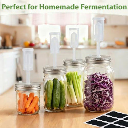 Fermentation Kit for Wide Mouth Mason Jars, 4 Easy-Lift Glass Weights, 4 Stainless Steel Fermentation Lids with Airlocks, 6 Silicone Rings and 6 Silicone Stoppers (Jars Not Included)