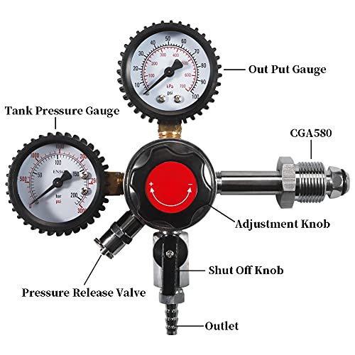 LUCKEG CGA580 Nitrogen Beer Regulator Dual Gauge Gas Air Pressure Regulator with 0-100 PSI Delivery Pressure Premium Double Gauge Nitrogen Keg Regulator with 5ft Gas Line and Free Worm Clamps