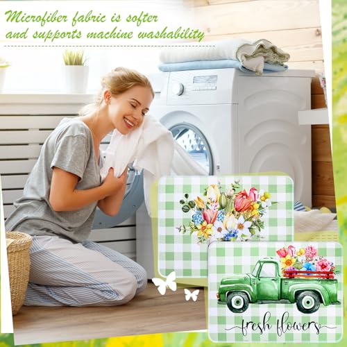 SiliFine 2 Pcs Dish Drying Mat for Kitchen, Spring Floral Absorbent Microfiber Dish Mat Counter 18 x 24 Inch Truck Flower Leaves Draining Green Drying Reusable Washable Pad - style: Spring