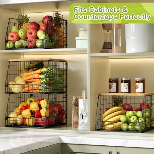 Jakyitvi 4 Pack Stackable Wire Baskets with Fixed Wooden Top, Vegetable Fruit Storage Bins for Onion Potato Snack, Pantry Baskets for Kitchen Cabinet Countertop, Pantry Organizers and Storage Rack - size: 4 Pack with Wooden Top