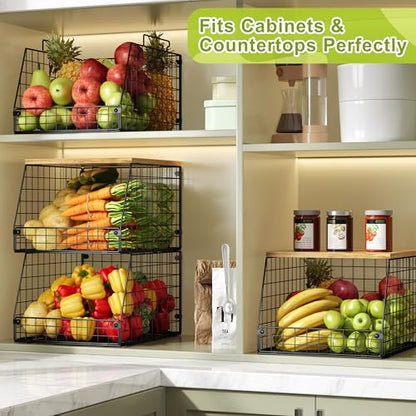 Jakyitvi 4 Pack Stackable Wire Baskets with Fixed Wooden Top, Vegetable Fruit Storage Bins for Onion Potato Snack, Pantry Baskets for Kitchen Cabinet Countertop, Pantry Organizers and Storage Rack - size: 4 Pack with Wooden Top