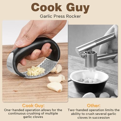 Cook Guy 304 Stainless Steel Garlic Press Rocker Set - Premium Garlic Mincer, Crusher, Peeler and Scraper Tool for Effortless Mincing - Comfortable Grip Garlic Grinder (Silver) - color: Silver-black