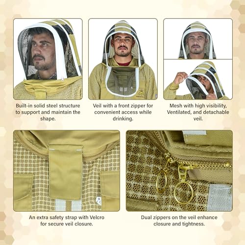 3-Layer Ventilated Mesh Bee Jacket for Men & Women with Veils Sting-Proof Beekeeping Jacket with Leather Gloves & Bag - color: Brown Dual Veil, size: Large