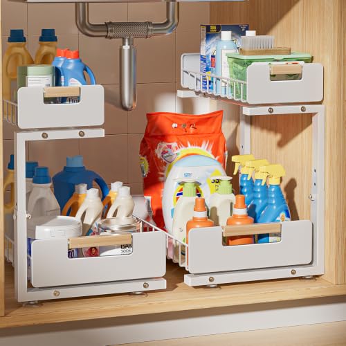 Delamu 2-Pack Under Sink Organizer, 2 Tier Pull out Under the Kitchen Sink Storage, Slide out Cabinet Organizer Shelf, Metal Sliding Drawer for Bathroom Pantry Closet Organization Rack, White