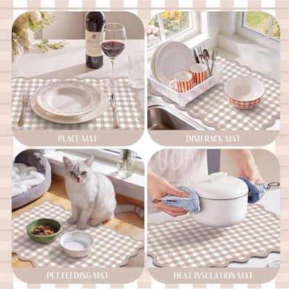 Scalloped Gingham Coffee Mat 12" x 20" Absorbent Coffee Bar Mat Gingham Espresso Matt for Counter(Brown) - color: Brown