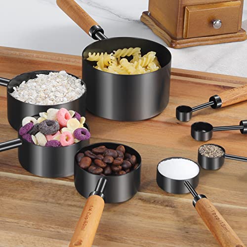 GuDoQi 8Pcs Measuring Cups and Spoons Set, Wooden Handle, Premium Stainless Steel with Metric & US Measurements, Nesting for Dry/Liquid Kitchen/Food/Baking, Black - color: Black
