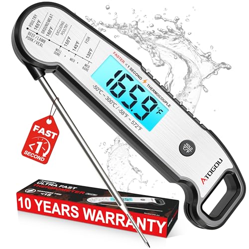 Atogou Professional Meat Thermometer Digital, Silver | <1 Sec Instant Read & ±0.5℉ Accuracy, IP67 Waterproof, Thermocouple Sensor Probe, for Kithchen, BBQ, Grill for Men Him Dad - color: Silver