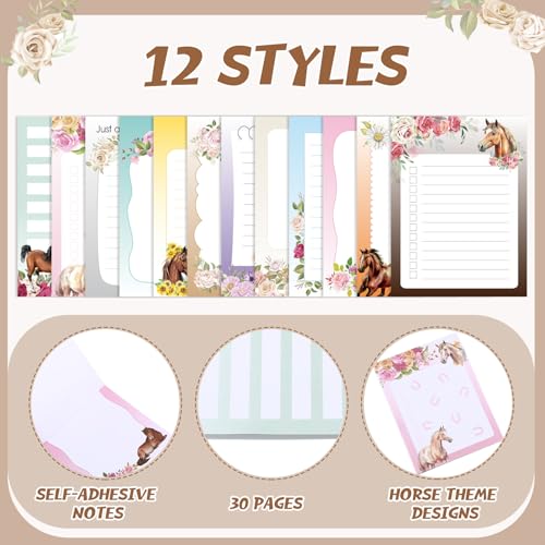Chiisong 12 Pieces Horse Sticky Notes to Do List Notes Horses Lover Gift for Women, 3x4 Inch Animal Writing Memo Pads Flower 30 Sheet Pads, Animal Self Stick Memo Office Supplies Cute Small Gift - style: Horse Style