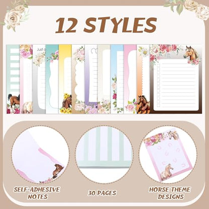 Chiisong 12 Pieces Horse Sticky Notes to Do List Notes Horses Lover Gift for Women, 3x4 Inch Animal Writing Memo Pads Flower 30 Sheet Pads, Animal Self Stick Memo Office Supplies Cute Small Gift - style: Horse Style