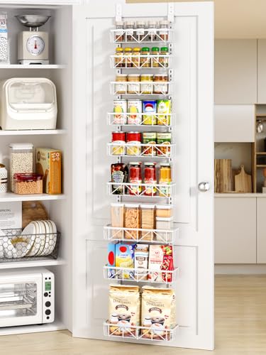 Delamu Narrow 9-Tier Over the Door Pantry Organizer, Adjustable Pantry Storage, Metal Hanging Spice Rack, Cabinet Door Organizer for Kitchen, Bathroom, Laundry Room, 12.5" White - color: White, size: 12.5"W 9-Tier