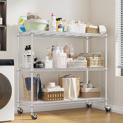 DurayLoly 45" W 3-Tier Metal Shelf on Wheels,450lbs,Kitchen, Laundry,Garage | 19mm chrome steel, 150 lbs/shelf, lock casters or switch to leveling feet, tool-free setup, fits pantry & bedroom - color: Chrome