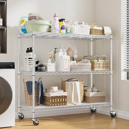 DurayLoly 45" W 3-Tier Metal Shelf on Wheels,450lbs,Kitchen, Laundry,Garage | 19mm chrome steel, 150 lbs/shelf, lock casters or switch to leveling feet, tool-free setup, fits pantry & bedroom - color: Chrome