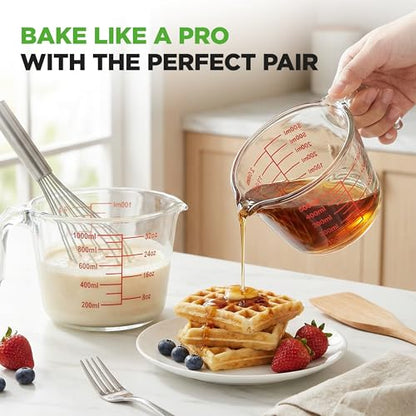 NutriChef 2 and 4 Cups Glass Measuring Cup Set with Lids (17 & 34 oz) - Heat-Resistant Borosilicate Liquid Measure Cups with Easy-Read Scale for Cooking, Baking and Food Storage, Dishwasher Safe - size: 2 pc set with lids