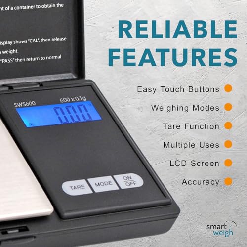 Smart Weigh SWS600 Elite 600g x 0.1g Digital Gram Scale, Pocket Sized Jewelry, Nutrition Kitchen, and School Scale, Slim Design, Black - size: 600g / 0.1g