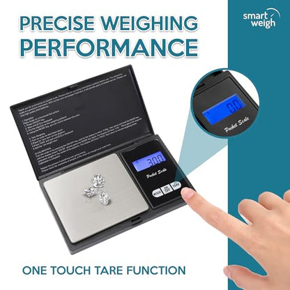 Smart Weigh Precision Digital Gram Scale (200g x 0.01g) – 7 Units (g, oz, ozt, DWT, ct, gn, tl) – Portable Pocket Design for Jewelry, Gems, and Food – Tare Function & Backlit LCD – Battery Included - size: 200g / 0.01g