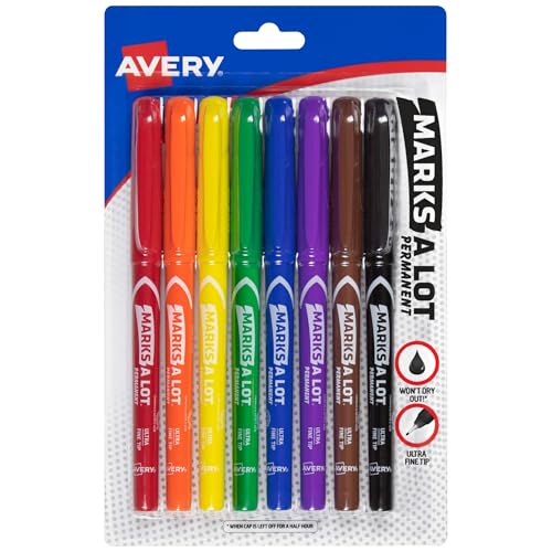 Avery Marks-A-Lot Permanent Markers, Ultra Fine Tip, 8 Assorted Markers For Coloring Books and Sketchbooks (09231) - color: Assorted, size: 1 Count (Pack of 1), style: Ultra Fine