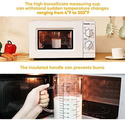 77L Glass Measuring Cup with Handle, [Double-Sided Measuring Scale, V-Shaped Spout, Insulated handle], High Borosilicate Glass Measuring Cup with Three Scales (OZ, Cup, ML) for Liquid (4 Cup) - size: 4 Cup (1000 ml)