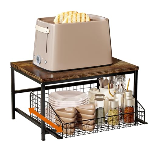 KLM Pull Out Spice Rack Organizer for Cabinet,Rustic Wood Top with Wire Basket Storage,Kitchen Countertop Organizer and Storage for Pantry, Counter top,Coffee Station Wood. (Brown) - color: Brown