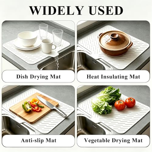 Silicone Dish Drying Mat for Kitchen Counter,23"X17" With Built-in Drain Lip,Food-Grade Silicone,Heat-Resistant Eco-friendly Hygienic Drying Mat Leak-Proof and Non-Slip,Multi-Functional Use（White） - color: White, size: 23" x 17"