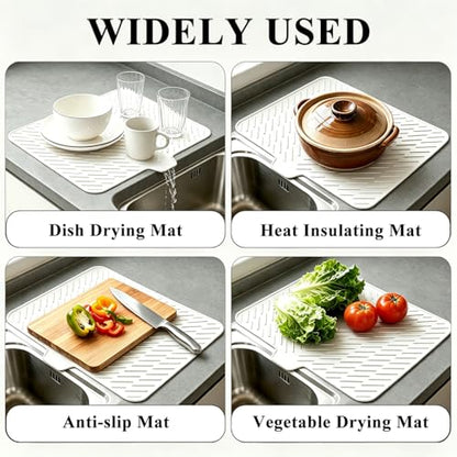 Silicone Dish Drying Mat for Kitchen Counter,23"X17" With Built-in Drain Lip,Food-Grade Silicone,Heat-Resistant Eco-friendly Hygienic Drying Mat Leak-Proof and Non-Slip,Multi-Functional Use（White） - color: White, size: 23" x 17"
