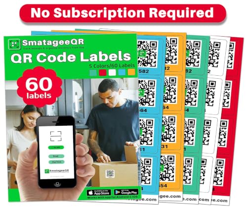 Smatagee QR Code Labels for Storage Bins and Moving Boxes, 60 Unique Color-Coded Stickers with iOS & Android App, Organize, Search, Track Items with Photos and Notes, No Subscription Required - color: Elegant 60pcs Qr Labels