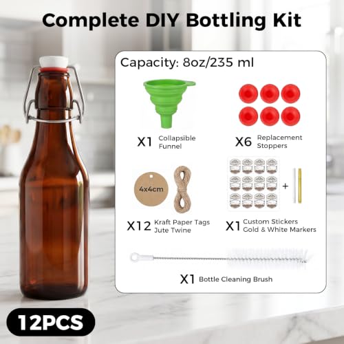 Ruckae 12pcs 8oz Amber Swing Top Glass Bottles with Lids Brown Flip Top Glass Bottle for Kombucha Coquito Syrup Vanilla Extract Brew Beer Kefir Air Tight Bottles for Gift (8oz 12pack) - size: 8oz 12pack
