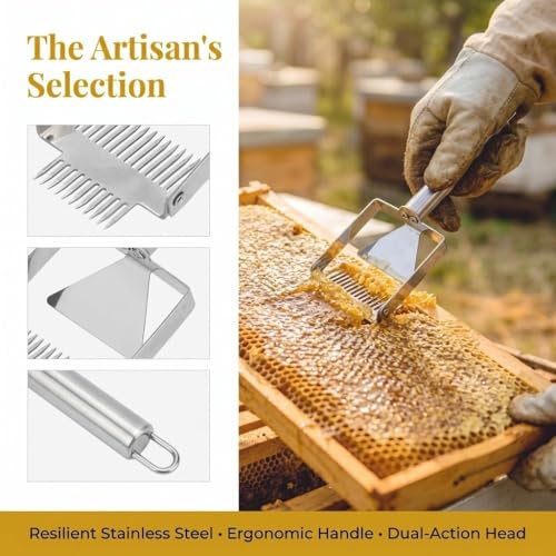 2-in-1 Double Head Honey Scraper, Stainless Steel Beekeeping Uncapping Tool with Wooden Handle for Honeycomb Processing(Metal Handle)