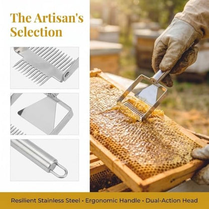 2-in-1 Double Head Honey Scraper, Stainless Steel Beekeeping Uncapping Tool with Wooden Handle for Honeycomb Processing(Metal Handle)