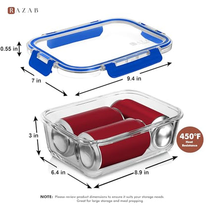 Razab 2 Pcs 1860ml / 63 Oz Large Glass Food Storage Containers with Lids - Glass Meal Prep Containers with Locking Lids for Roasting, Storing Leftover, Lunch Container, BPA Free, Microwave & Oven Safe - color: Blue