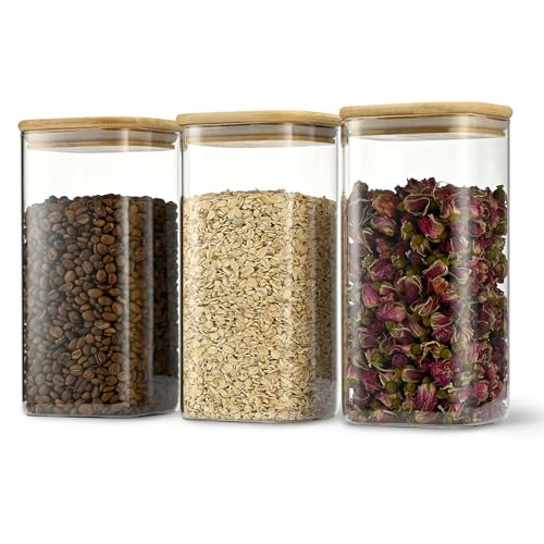 D2scrma 50oz Airtight Glass Square Storage Canister with Bamboo Lid Set of 3 (1500ml) Container Stackable Spice Jar, Kitchen Canister for Flour, Cookies, Cereal and Coffee beans (‎with Black Lable) - size: 50oz*3