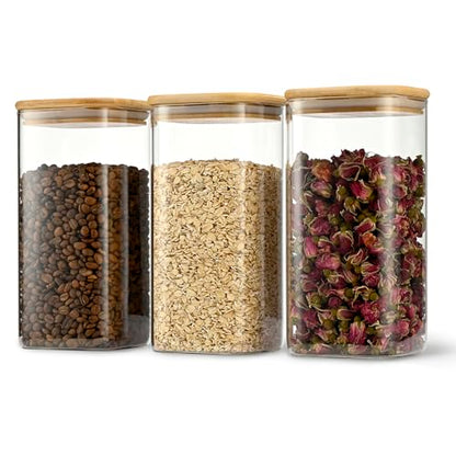 D2scrma 50oz Airtight Glass Square Storage Canister with Bamboo Lid Set of 3 (1500ml) Container Stackable Spice Jar, Kitchen Canister for Flour, Cookies, Cereal and Coffee beans (‎with Black Lable) - size: 50oz*3