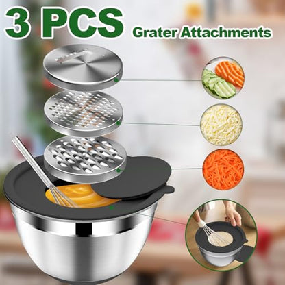DUTZUN Mixing Bowls with Lids Set - 16pcs Stainless Steel Mixing Bowl Set with Colander, 3 Grater Attachments, Non-Slip Bottom, Metal Nesting Bowls with Strainer for Mixing & Serving - Black - style: 16PCS Black W Nonslip Silicone