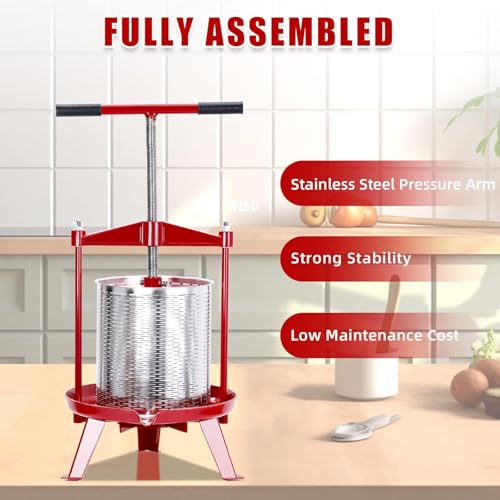 Manual Stainless Steel Fruit & Wine Press, 3.69 Gallon | Cider, Juice & Olive Oil Extractor, Wine Making Supplies, Cheese & Vegetable Processing, Easy T-Handle