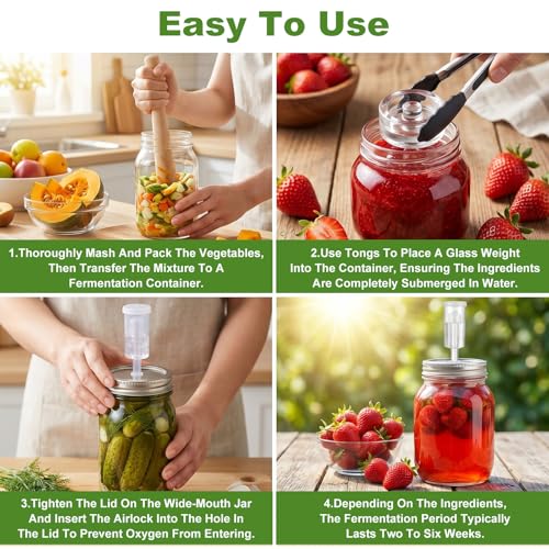 Fermentation Kit for Wide Mouth Mason fermentation Jars, 4 Stainless Steel Fermentation Lids, 4 Glass Fermentation Weights, 1 Silicone Tong, 1 Sauerkraut Pound, 1 Wooden Handle Brush Cleaner