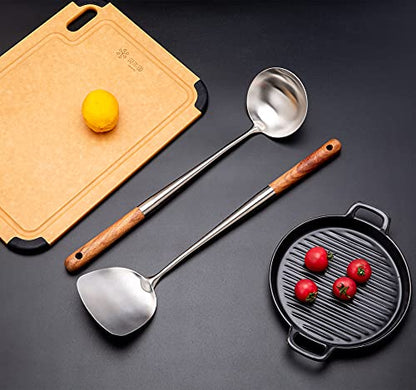 FJNATINH Wok Spatula and Ladle Tool Set, 17inches Spatula for Wok, 304 Stainless Steel Spatula Soup Ladle