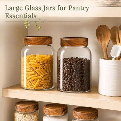 CONNOO 66 oz Set of 2 Large Glass Food Storage Jars Airtight Acacia Wood Lid Pantry Containers with 120 Labels Wide-Mouth Design for Easy Scooping for Flour, Sugar, Rice, Pasta, Coffee and Dry Foods - color: cylindrical/66oz/2pcs