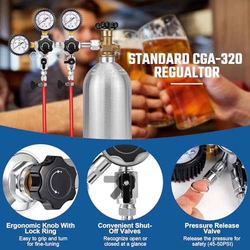 Dual CO2 Regulator for Kegerator CO2 Tank Regulator, CGA-320 CO2 Pressure Regulator with Threaded End Fittings, Two Output Gauges with Swivel Nut 1/4”& 5/16”Barb for Homebrew