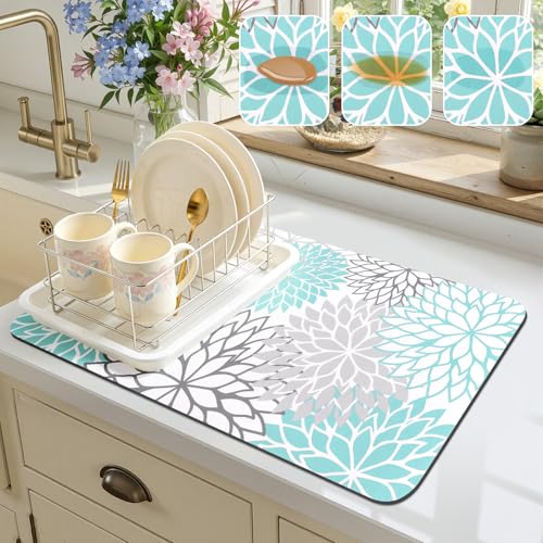 Findosom Dish Drying Mat, 12" x 20" Super Absorbent Dish Mat with Floral, Hide Stain Drying Mat for Kitchen Counter, Under Dish Rack, Coffee Maker, Espresso Machine, Teal - color: Teal, size: 12" x 20"