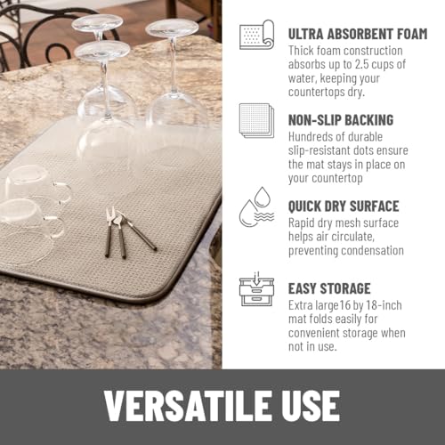 Bellemain XL Dish Mat Microfiber Dish Drying Mat, Super absorbent (Light Grey, 16" x 18") - color: Light Grey, size: 16" x 18"