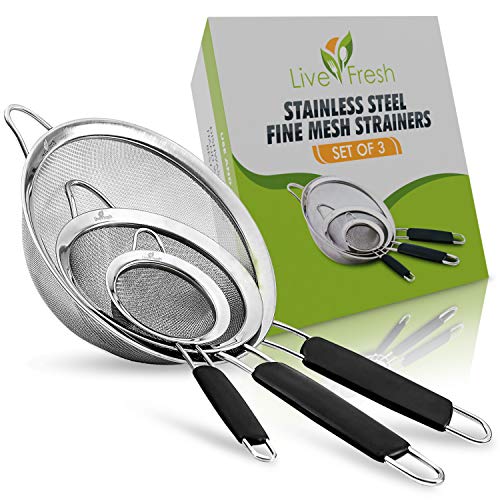 LiveFresh Food Strainer Set - Premium Fine Stainless Steel Fine Mesh Set of Strainers, Colanders and Sifters Crafted for Quinoa and More with Comfortable Non Slip Handles - Set of 3