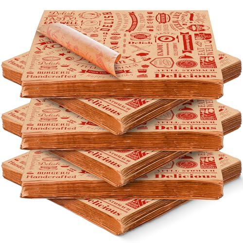 600 Pcs 12 x 12 Inch Deli Wax Paper Sheets Grease Resistant Tray Basket Liners Newsprint Paper Water and Grease Proof Sandwich Wrapping Square Hot Dog Wrappers for Food Baking (Red on Brown) - color: Red on Brown